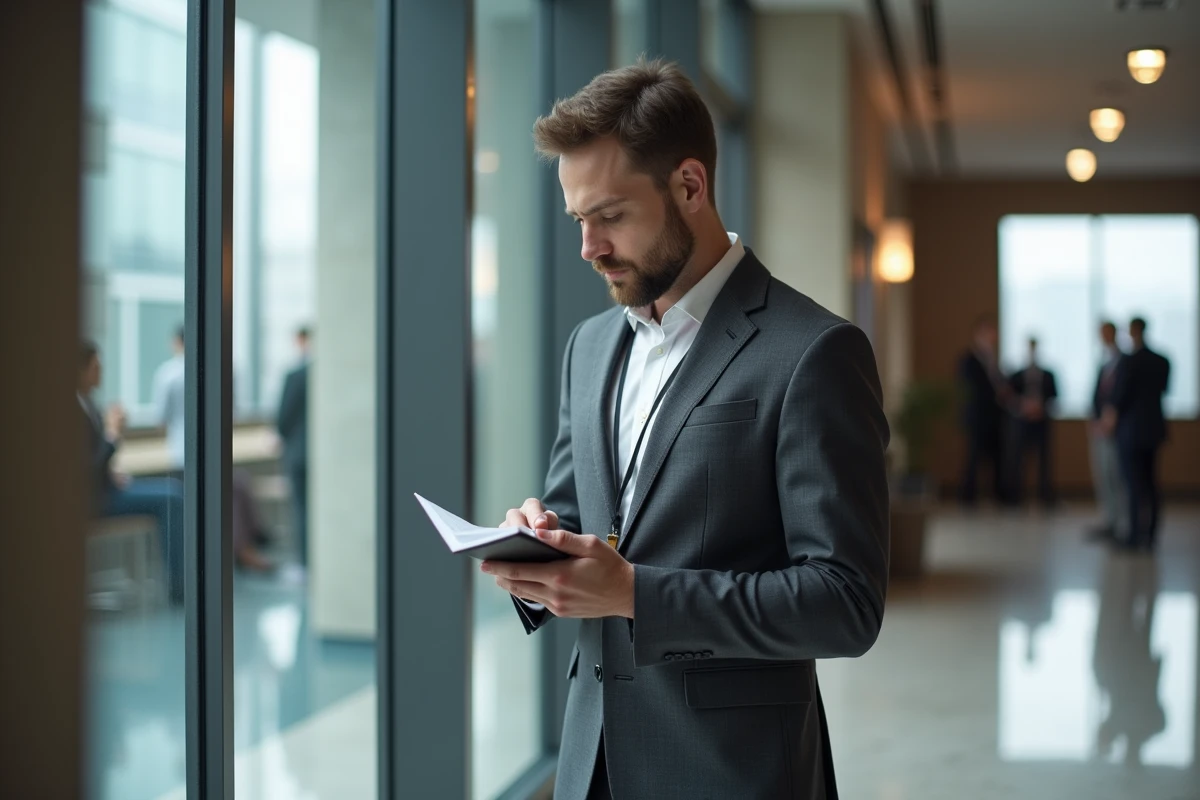 Homme d'affaires préparant ses scripts de prise de contact avant de briser la glace lors d'un événement de networking B2B