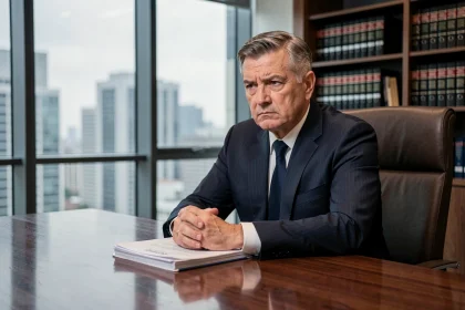 Président du directoire en costume sombre, assis en bout de table de réunion face à des documents juridiques dans une salle de conseil d'entreprise
