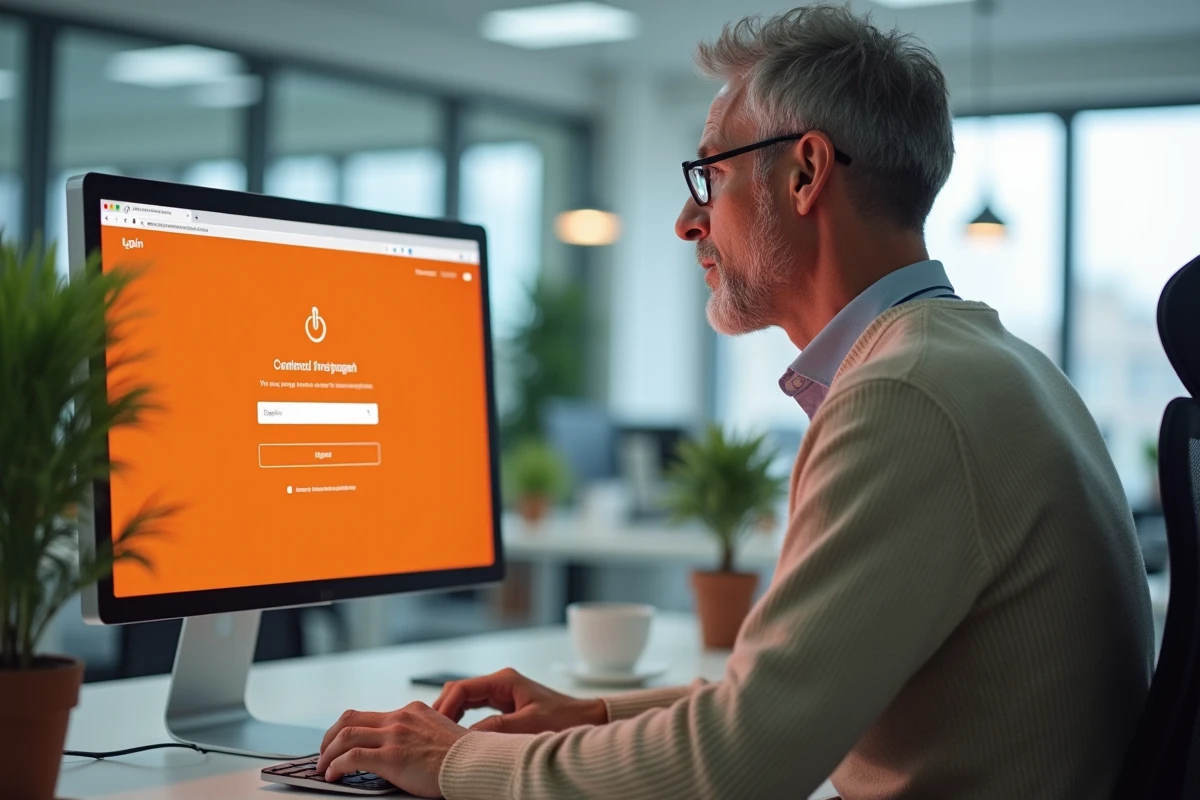 Homme en open space tentant de se reconnecter à son espace client Orange sur un ordinateur de bureau