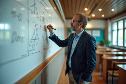Professeur en classe annotant un diagramme complexe