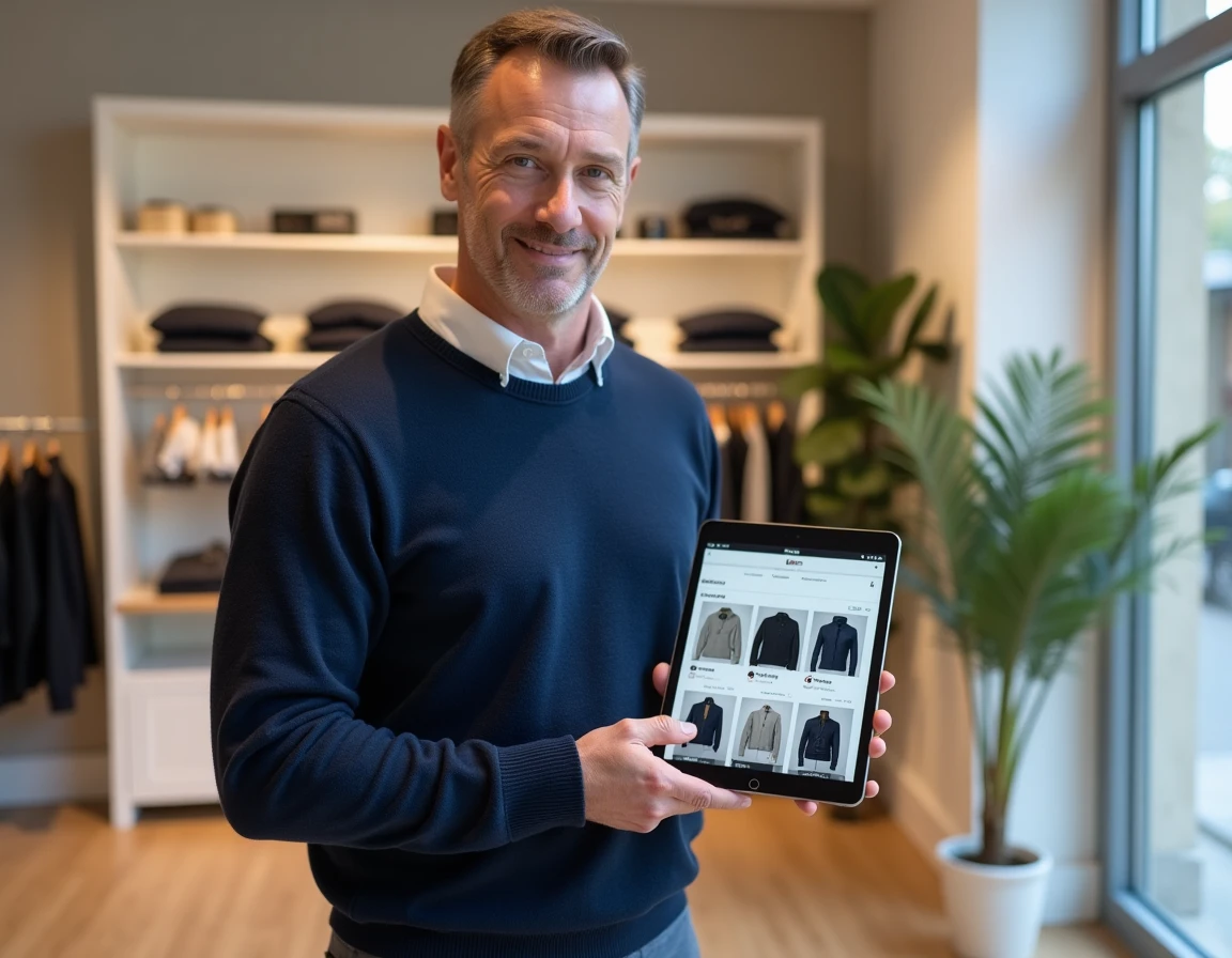 Professionnel consultant un annuaire de marques françaises sur tablette dans une boutique