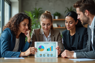 Groupe de professionnels discutant autour d'une tablette avec CRM