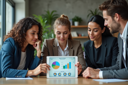 Groupe de professionnels discutant autour d'une tablette avec CRM