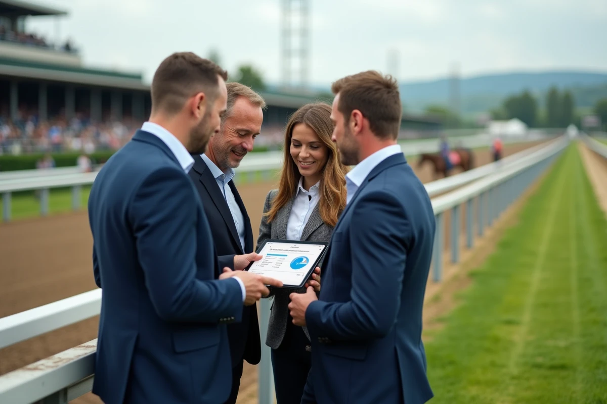 Groupe de professionnels du trot discutant en extérieur