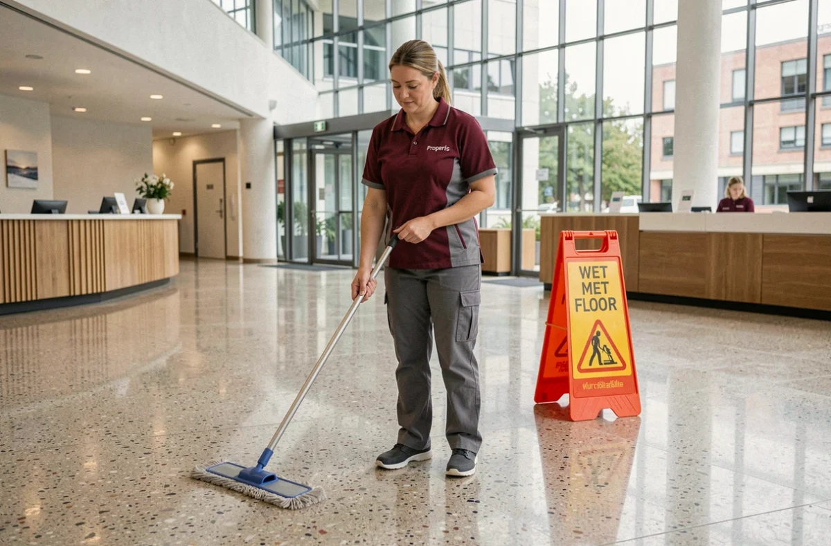 Agente Propertis nettoyant le sol en terrazzo d'un hall d'immeuble de bureaux moderne