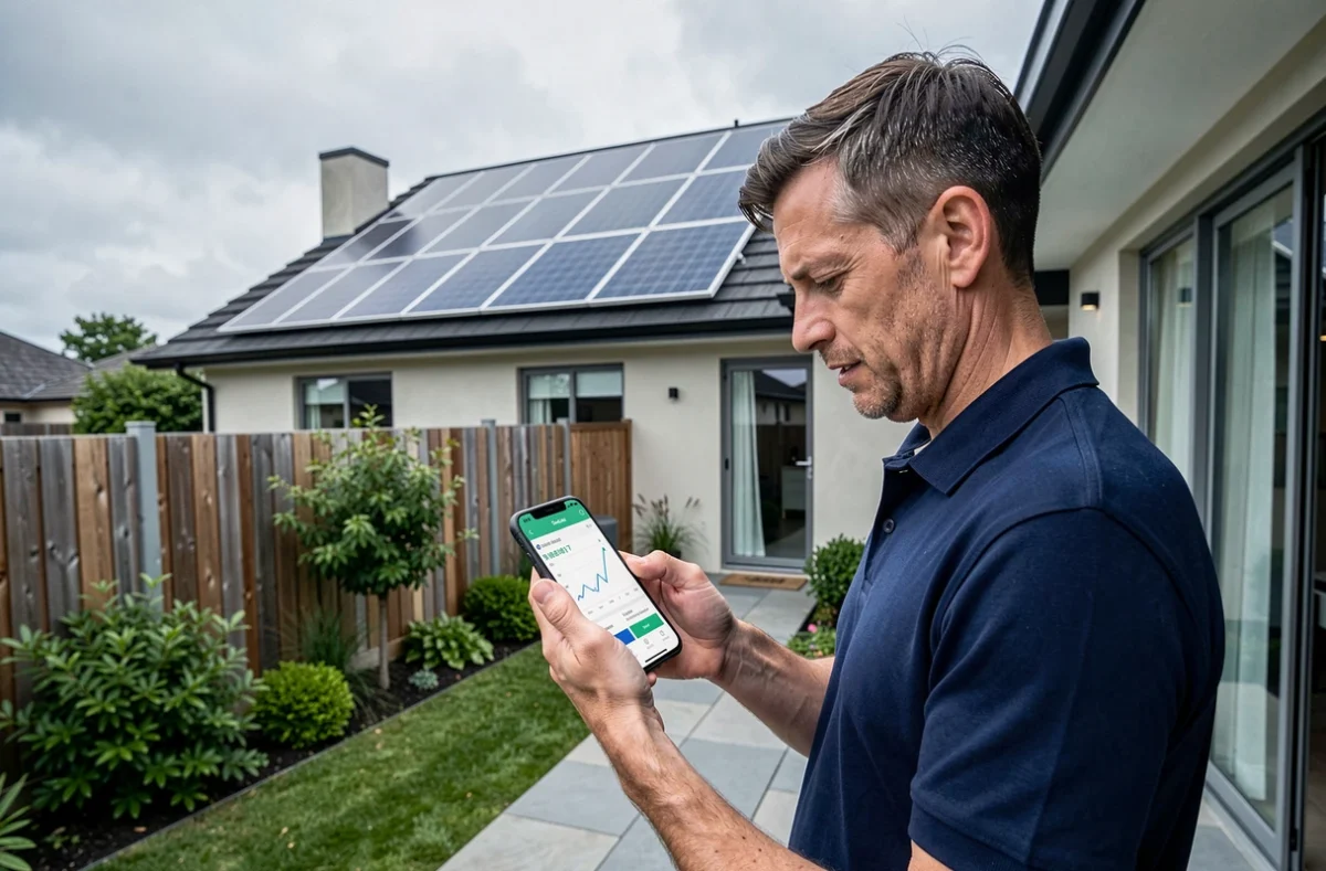 Propriétaire vérifiant ses données de production solaire sur smartphone devant sa maison équipée de panneaux photovoltaïques EDF ENR