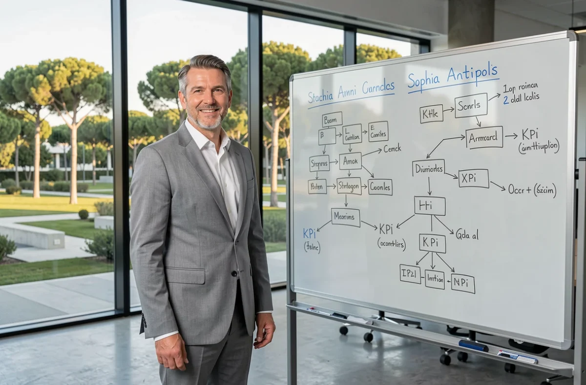 Consultant en stratégie digitale de PS Consulting devant un tableau stratégique dans un campus de Sophia Antipolis