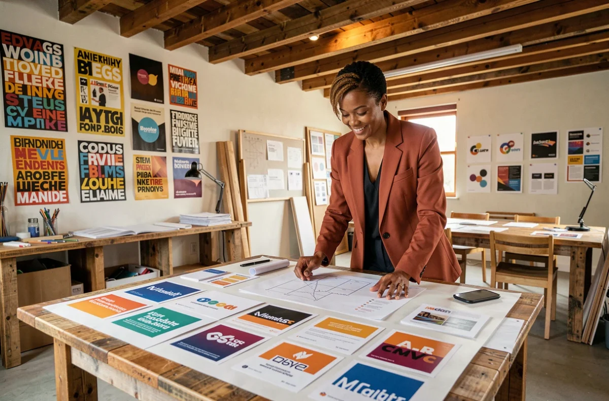 Directrice artistique de l'agence Puck L'Agence révisant des maquettes d'identité visuelle dans un studio créatif