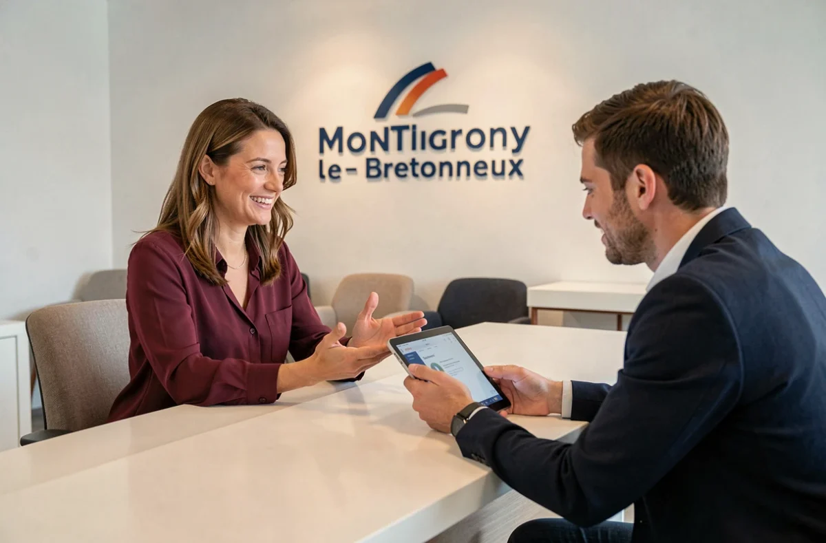 Une conseillère RH de R.A.S Intérim Montigny accueillant un candidat dans l'agence