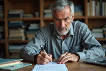 Homme rédigeant une lettre administrative anonyme à son bureau avec un stylo, illustrant une dénonciation formelle à l'URSSAF