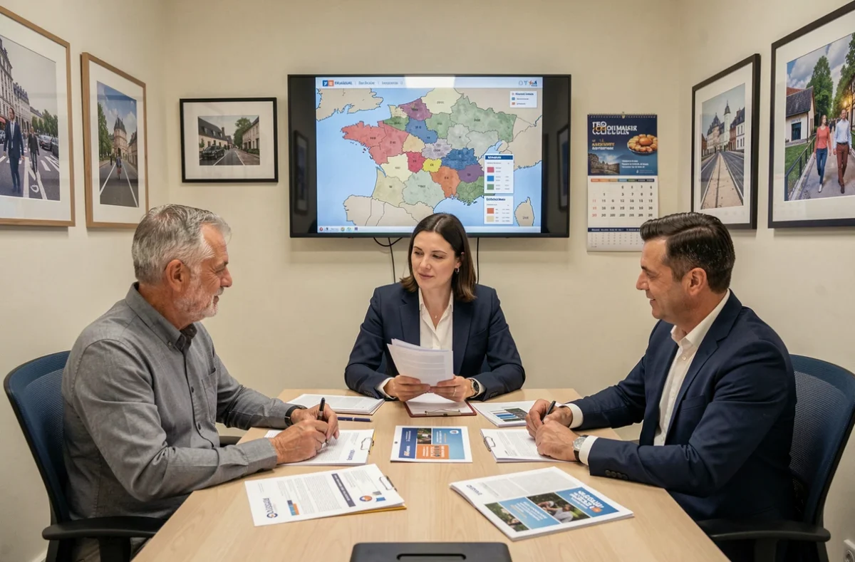 Équipe de l'agence Regicom analysant des résultats de campagnes régionales dans une salle de réunion