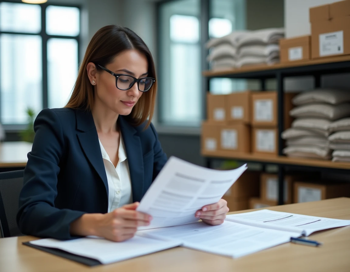 Responsable achats analysant des documents de conformité CE et de sécurité produit pour des importations en provenance de Chine