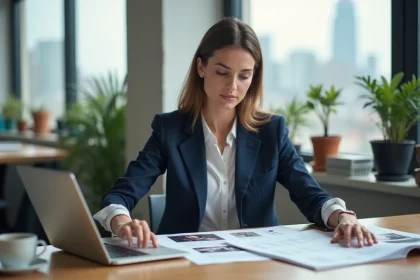 Responsable marketing analysant des storyboards de campagne d'impact dans un bureau moderne, illustrant le storytelling de marque axé sur les valeurs