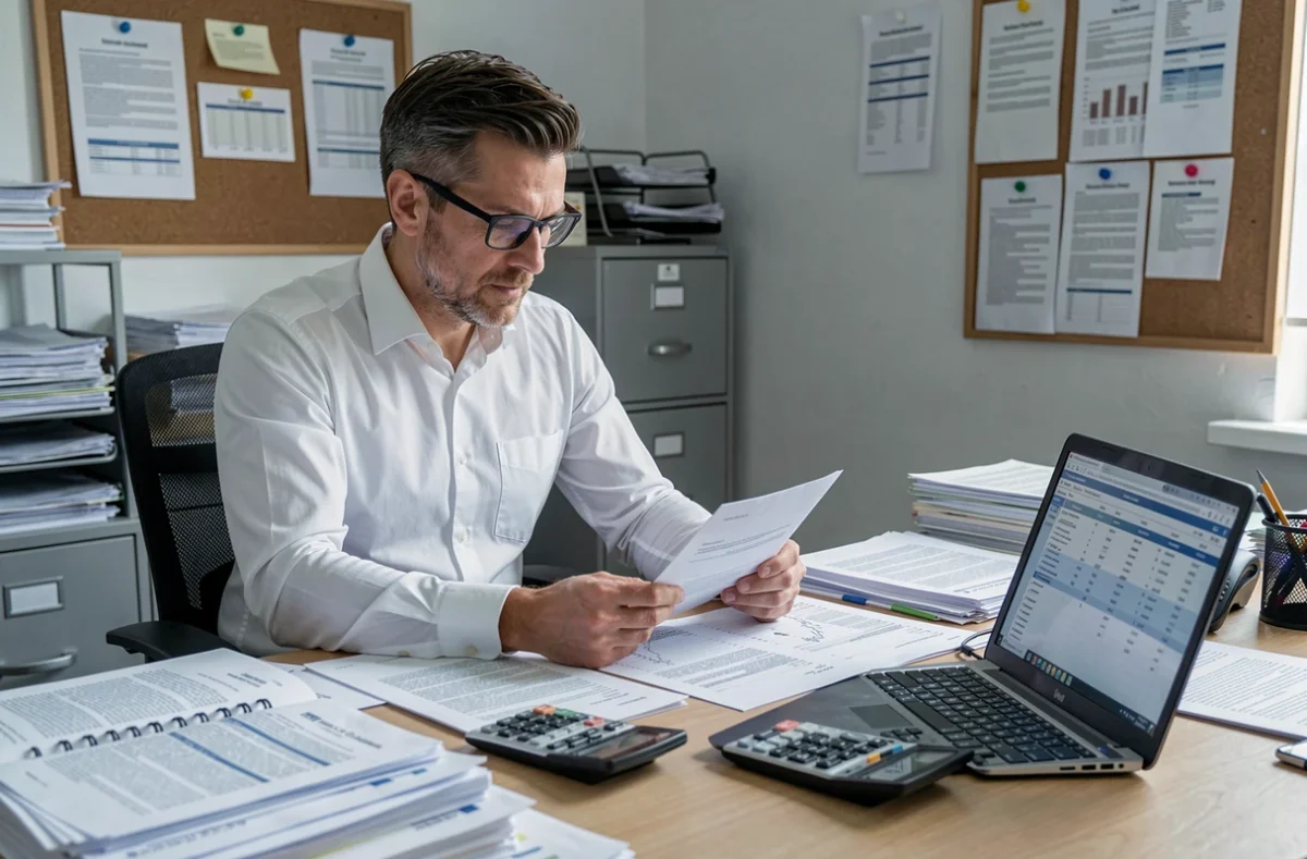 Responsable RH examinant des documents administratifs liés à la médaille du travail et aux primes salariales dans un bureau professionnel français