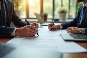 Réunion d'affaires avec deux personnes comparant des documents juridiques