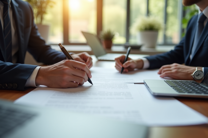 Réunion d'affaires avec deux personnes comparant des documents juridiques
