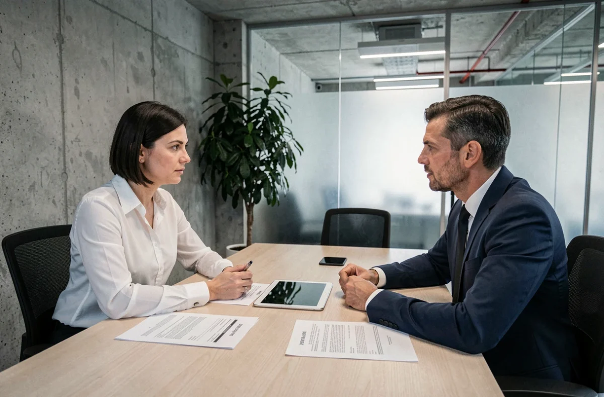 Cheffe d'entreprise en réunion avec un conseiller en assurance professionnelle Loop autour d'une table de conférence moderne