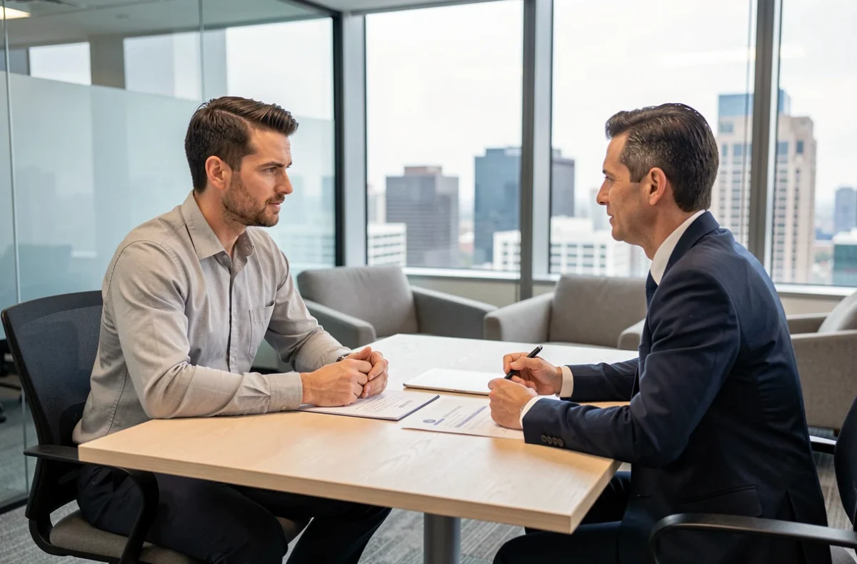Consultant indépendant discutant d'un contrat de portage salarial avec un conseiller en réunion professionnelle, dans le cadre d'un choix de statut entre portage salarial et coopérative
