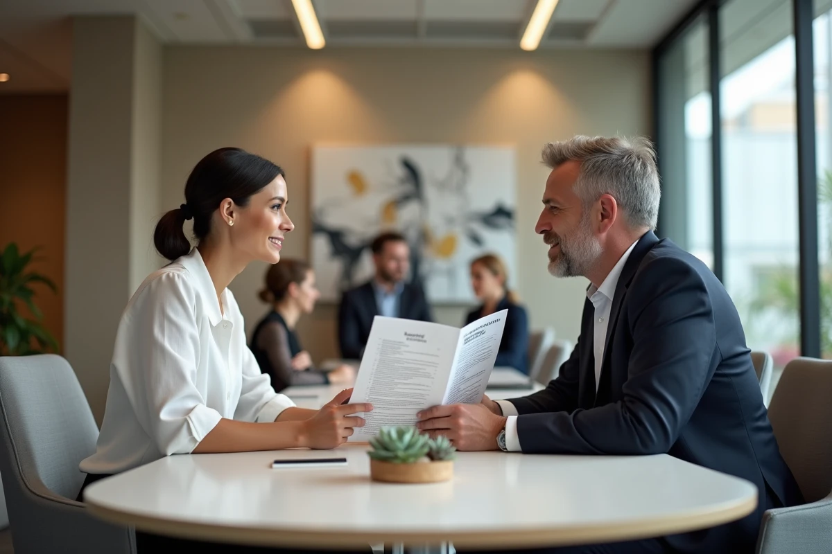 Deux professionnels discutant des prix d'une entreprise événementielle autour d'une brochure de tarifs