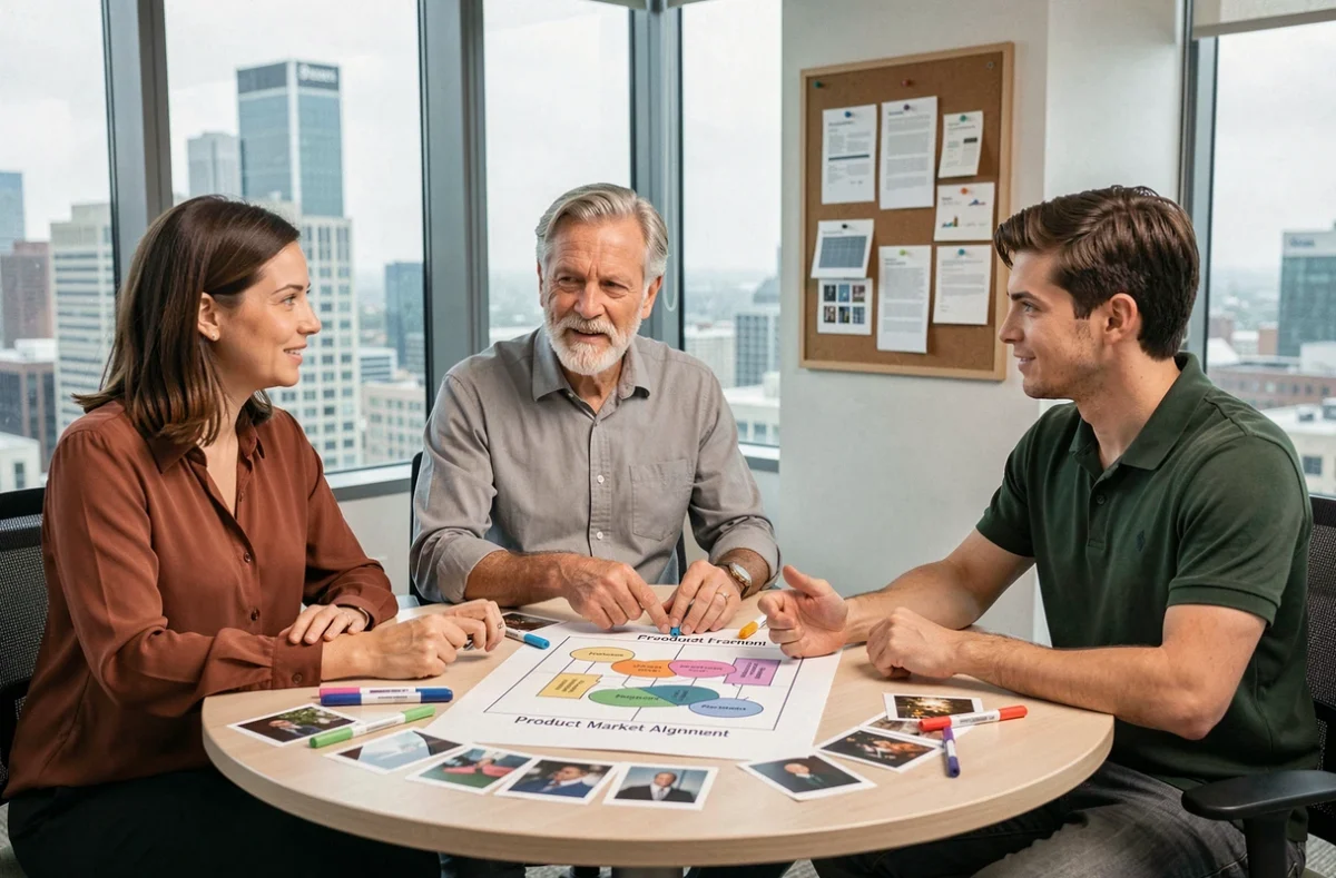Équipe de trois professionnels en réunion autour d'un cadre d'alignement produit-marché affiché sur une table de conférence