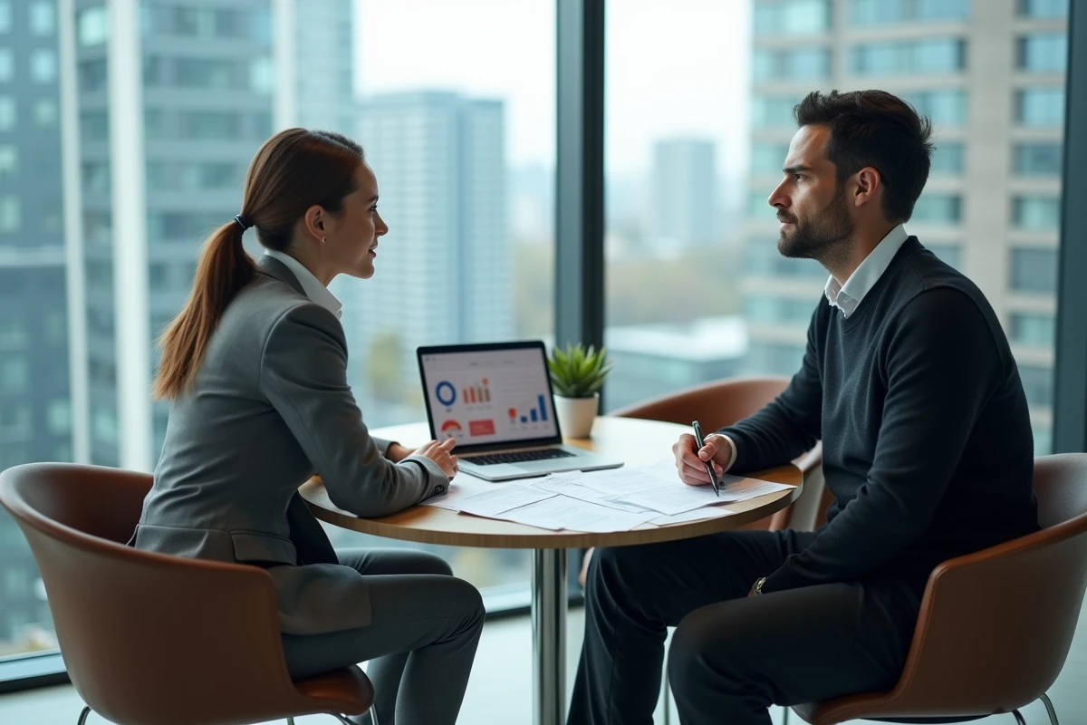Deux professionnels en réunion d'affaires B2B dans une salle de conférence moderne avec documents et tablette analytique