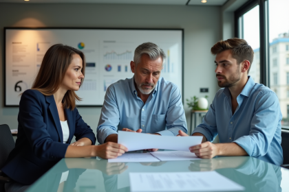 Trois professionnels en réunion dans un bureau moderne