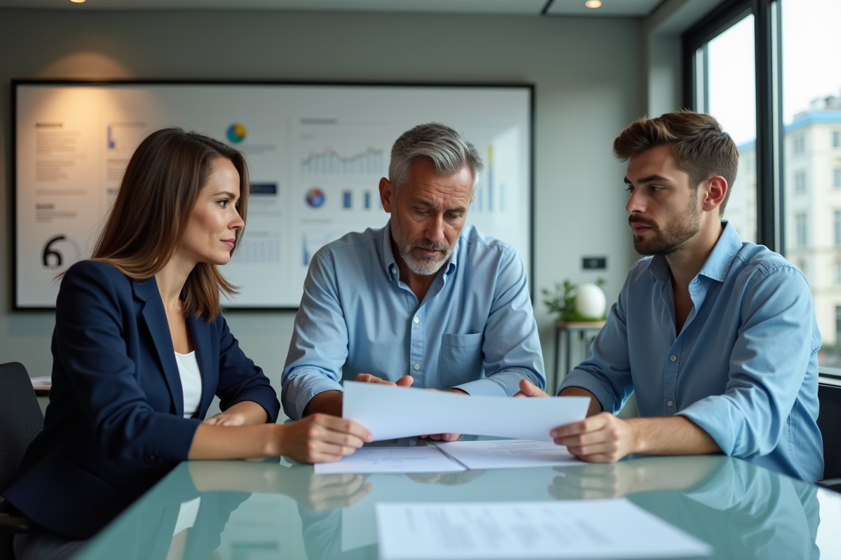 Trois professionnels en réunion dans un bureau moderne