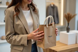 Femme tenant un sac papier personnalisé kraft avec logo imprimé lors d'un lancement de produit en boutique minimaliste