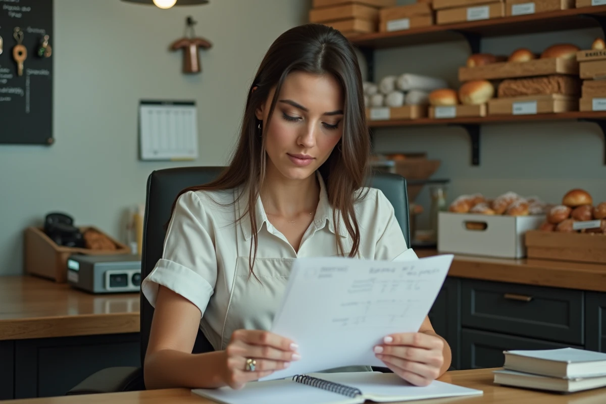Vendeuse en boulangerie consultant sa fiche de paie dans l'arrière-boutique, illustrant la question du salaire net pour 35 heures
