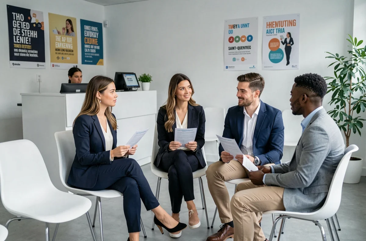 Des candidats en attente dans la salle d'accueil de Samsic Emploi Saint-Quentin-en-Yvelines