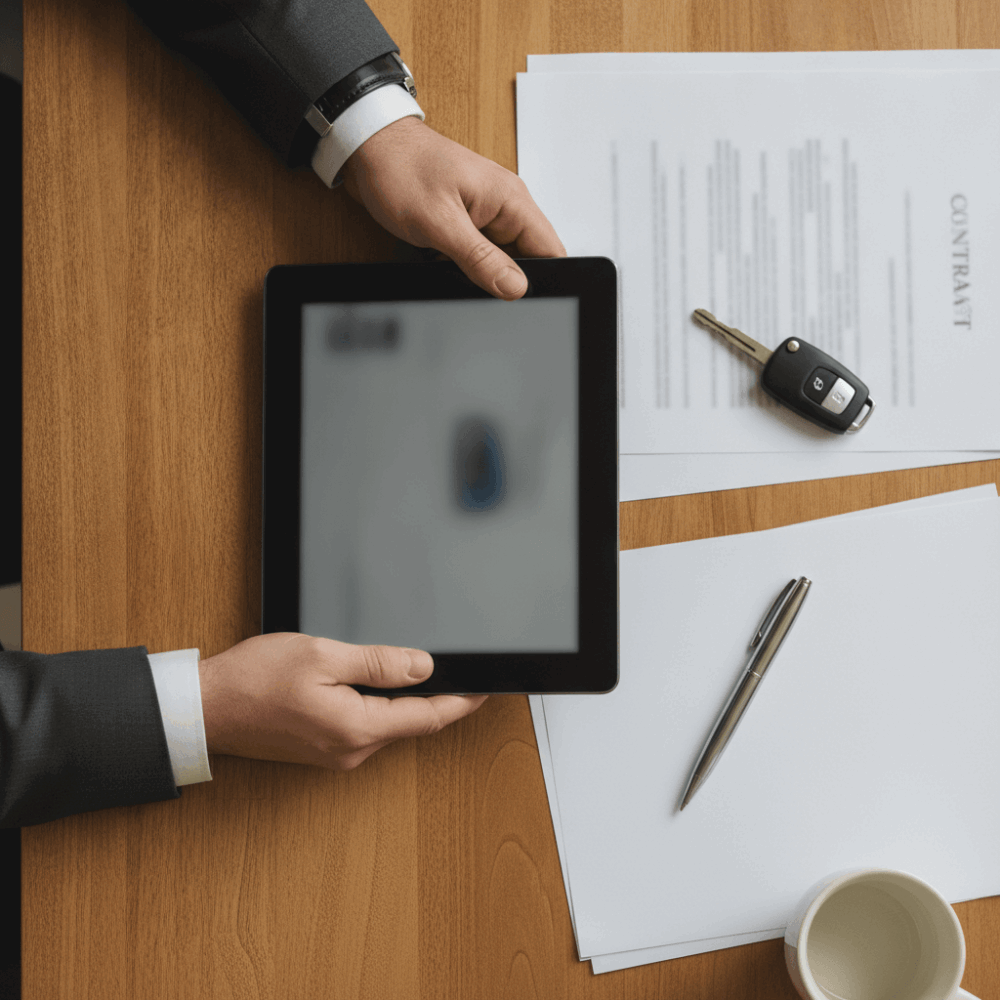 Signature électronique de contrat de vente véhicule d'occasion sur tablette avec documents papier et clés de voiture