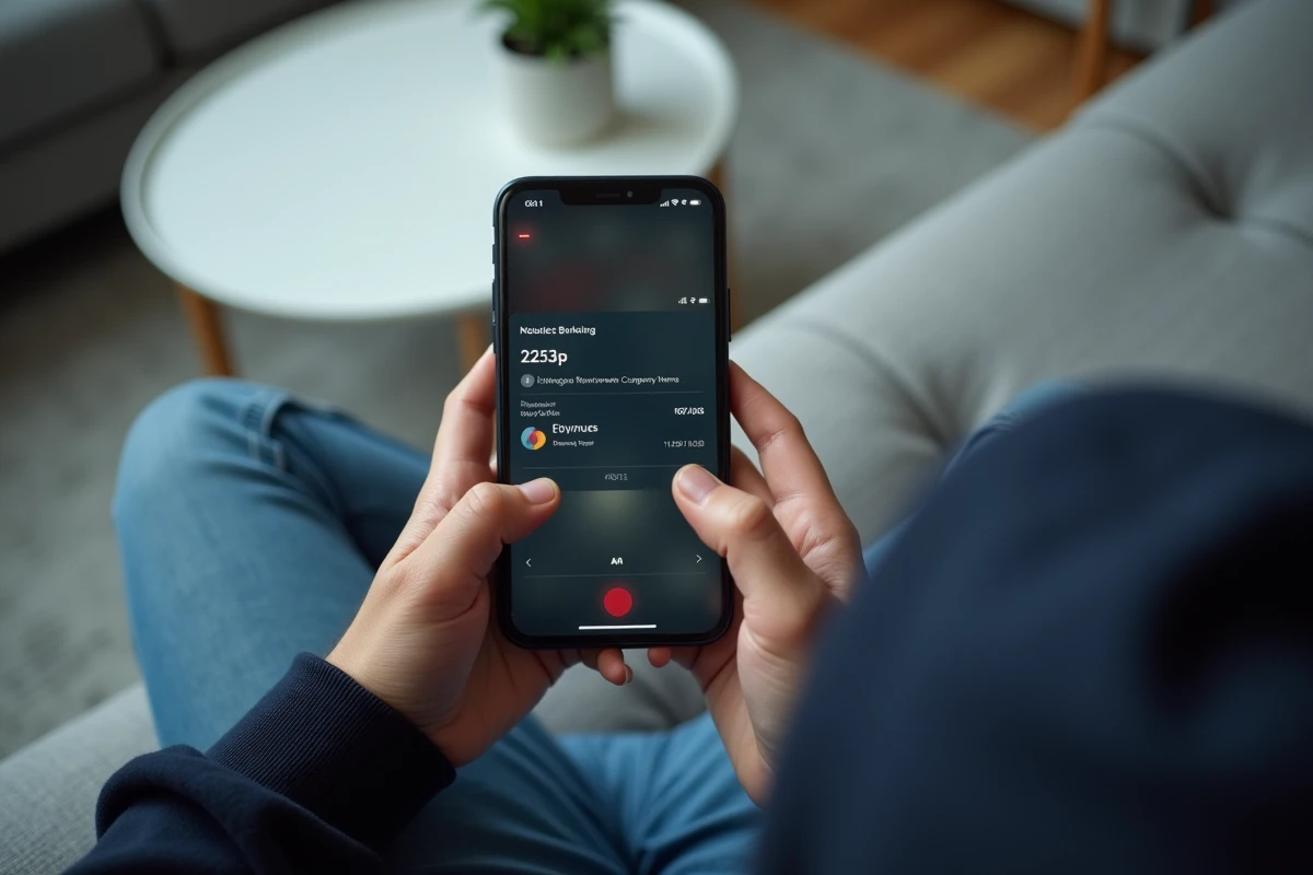 Gros plan d'un smartphone affichant une transaction bancaire inconnue sur une application mobile