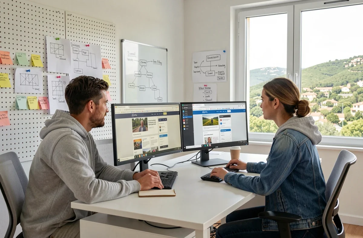 Deux développeurs web de SmartWeb Group collaborant sur des maquettes de sites dans les Alpes-Maritimes