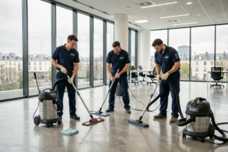 Équipe professionnelle de nettoyage en uniforme travaillant dans un bureau moderne des Hauts-de-Seine