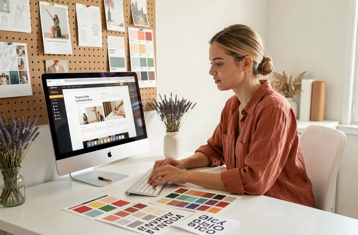 Créatrice web de Soler Agency révisant des maquettes de sites internet et des palettes de couleurs dans son studio à Cannes