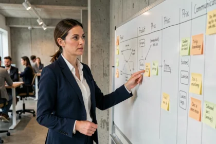 Femme stratège pointant un tableau blanc avec des colonnes produit, prix et communication dans un bureau moderne