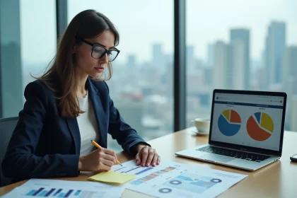 Femme d'affaires analysant des documents de stratégie de domaine d'activité stratégique dans une salle de réunion moderne