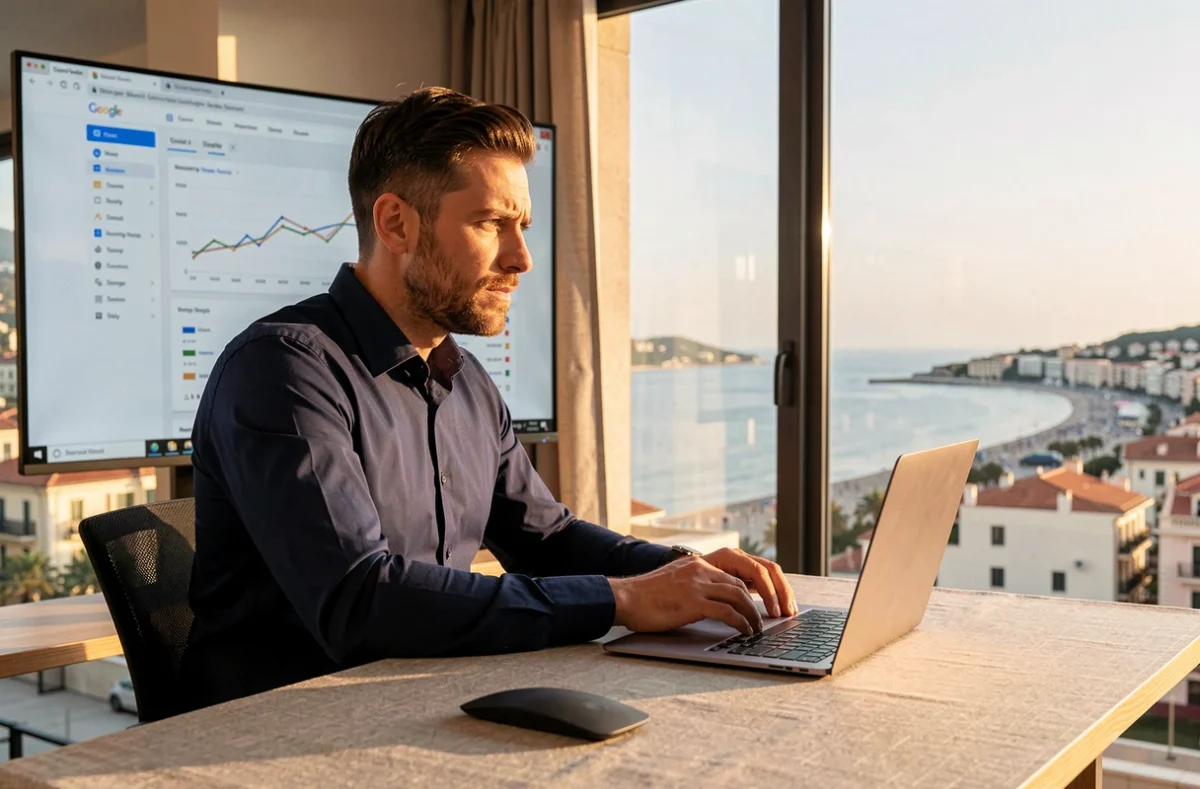 Stratège SEO masculin travaillant sur des données de référencement dans le bureau de l'agence StudioJae à Cannes