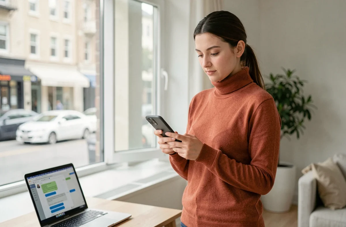 Jeune femme contactant le support Backmarket par messagerie depuis son salon minimaliste