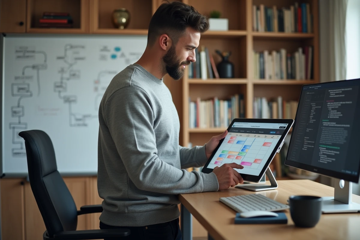 Homme en télétravail consultant un agenda numérique structuré sur tablette pour organiser ses tâches hebdomadaires