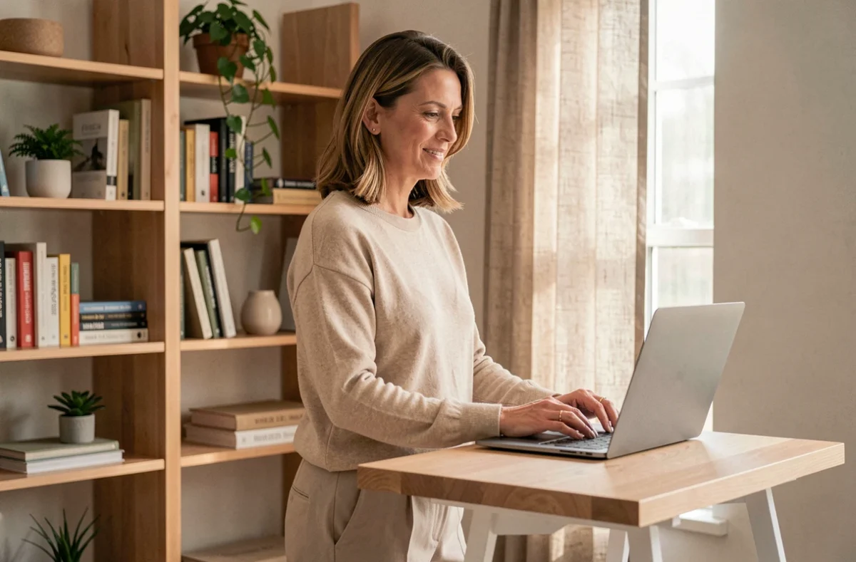 Travailleuse indépendante en télétravail dans un bureau à domicile minimaliste, illustrant l'autonomie professionnelle liée au choix d'un statut de coopérative ou de portage salarial