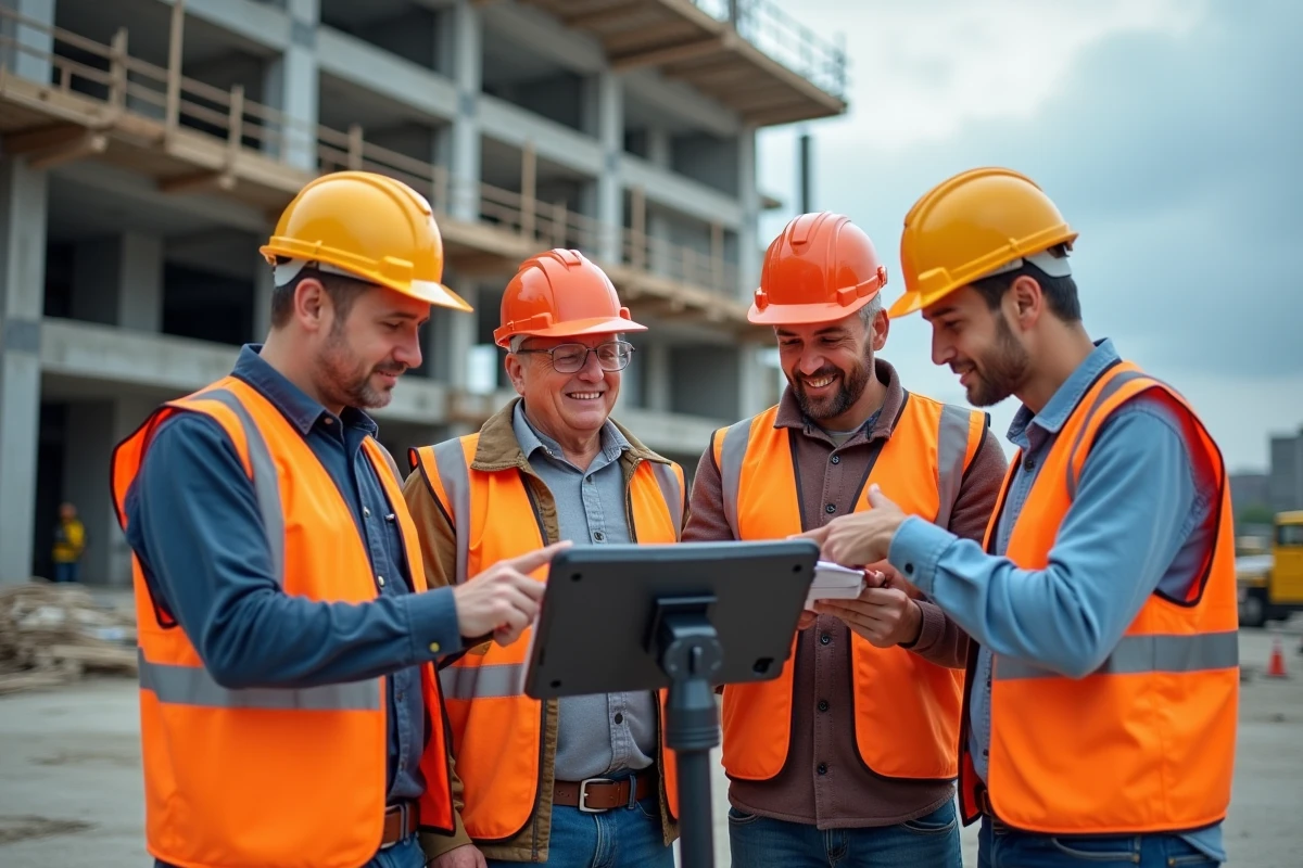 Équipe de travailleurs BTP utilisant une application de gestion de chantier sur tablette en extérieur sur un site de construction