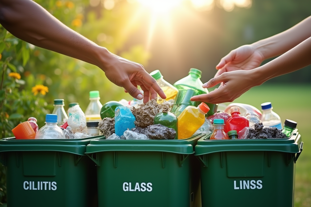 Mains triant des déchets recyclables en extérieur