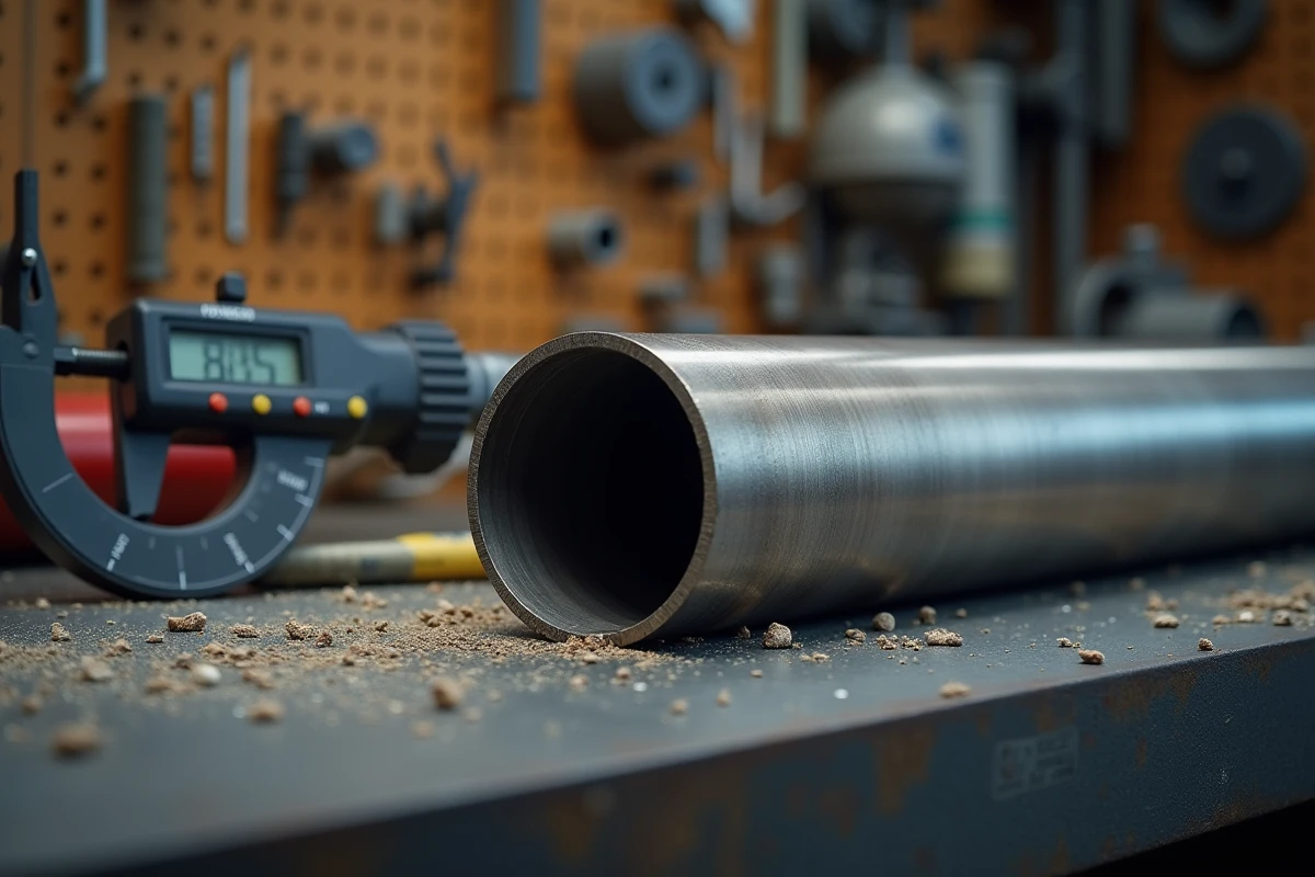 Gros plan sur un tube inox pour échappement avec pied à coulisse et coupe-tube sur établi d'atelier