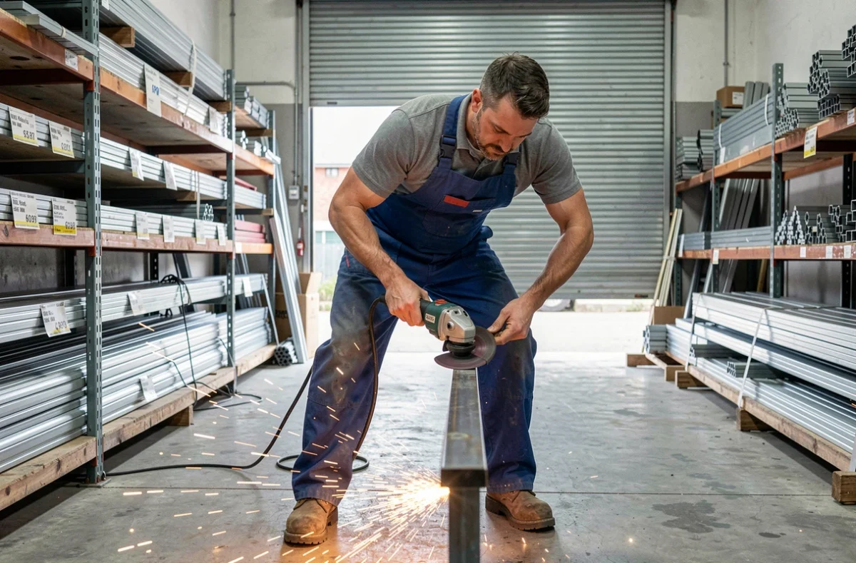 Vendeur spécialisé coupant une barre d'acier à la demande dans un magasin de vente de fer au détail pour artisans