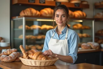 Jeune vendeuse en boulangerie arrangeant des croissants et baguettes derrière le comptoir d'une boutique artisanale française