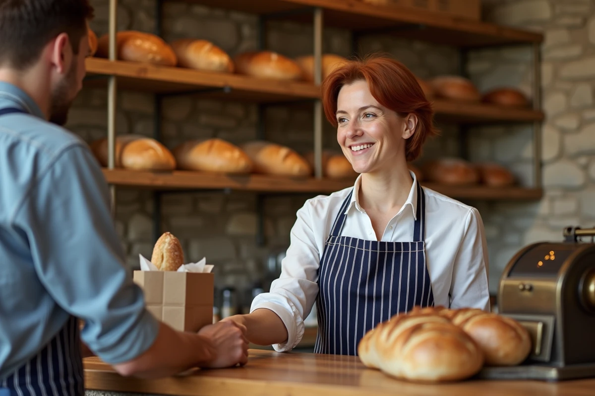 Vendeuse expérimentée en boulangerie remettant une commande à une cliente dans une boutique artisanale aux murs en pierre