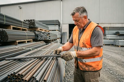 Ouvrier choisissant des barres d'acier à l'unité dans un dépôt de vente de fer au détail pour un petit chantier