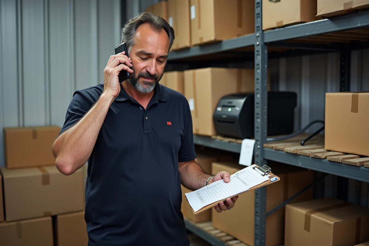 Homme d'affaires vérifiant sa liste de documents UPS au téléphone dans un entrepôt de stockage