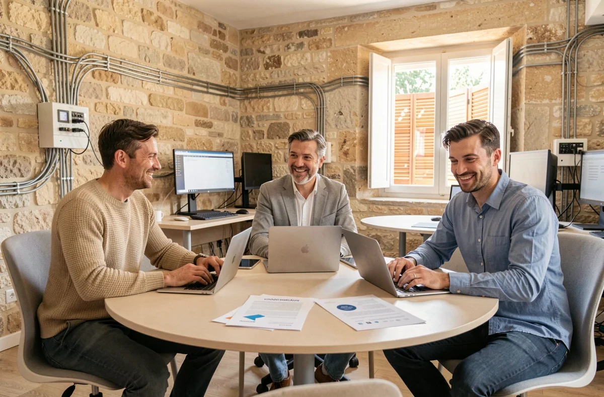Équipe de Web Alliance réunie autour d'une table de travail dans leur agence digitale des Alpes-Maritimes